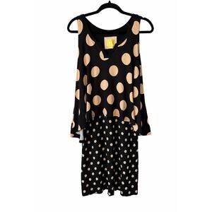 Maeve Anthropologie Davina Dress S Black Tan Polka Dot Layered Swing Sleeveless